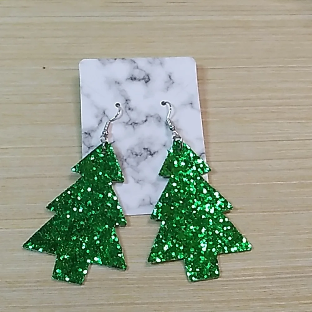 1.5 x 3 inches punched fake leather Holiday Tree Green Glitter